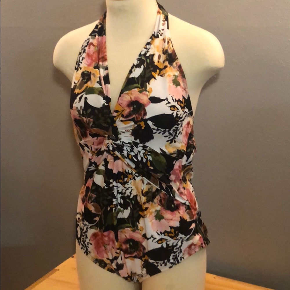 Floral print halter one piece swimsuit